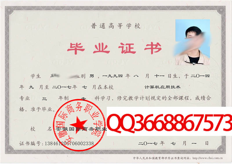 安徽国际商务职业学院2017年毕业证图片