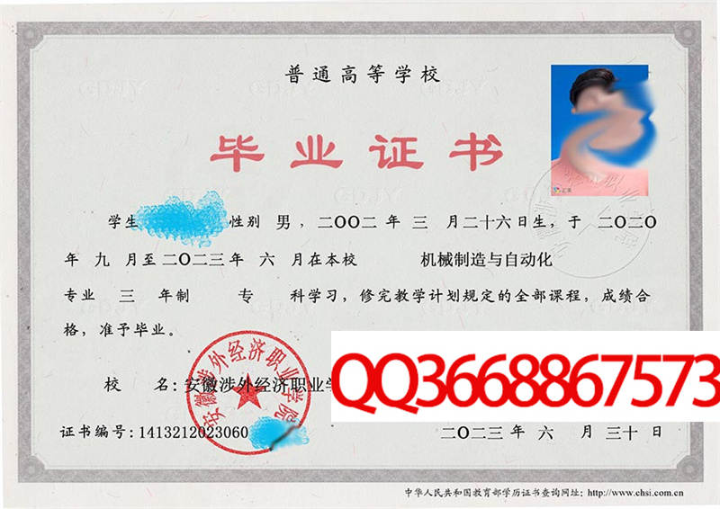 安徽涉外经济职业学院2023年毕业证图片