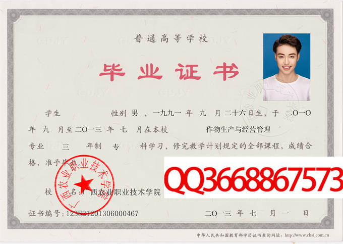 广西农业职业技术学院2013毕业证样本