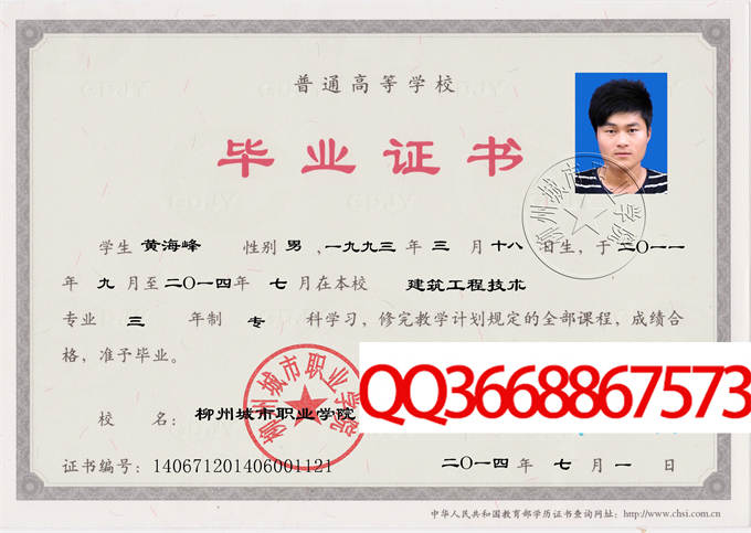 柳州城市职业学院2014毕业证样本