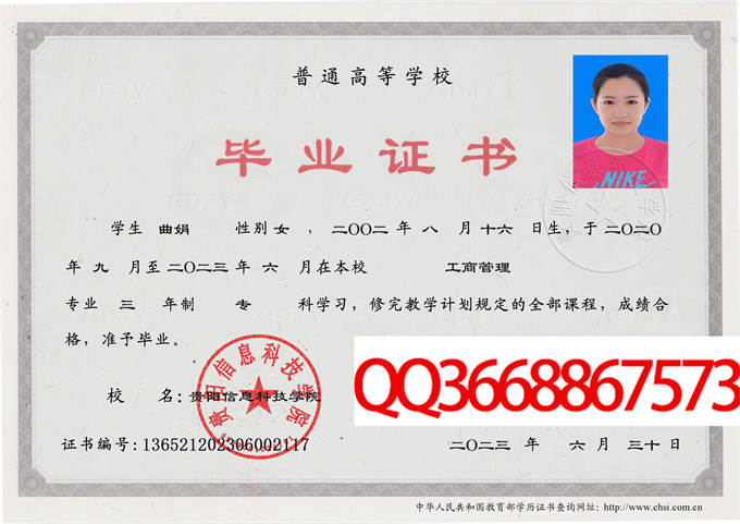 贵阳信息科技学院2023年毕业证样本