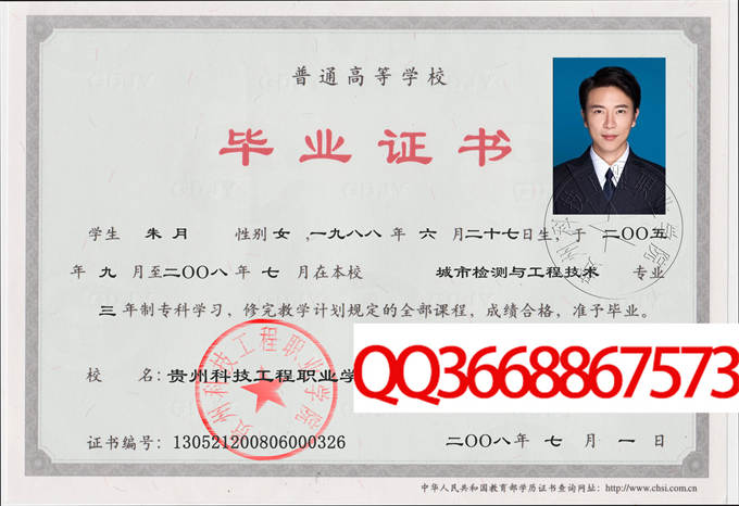贵州科技工程职业学院2008年毕业证样本