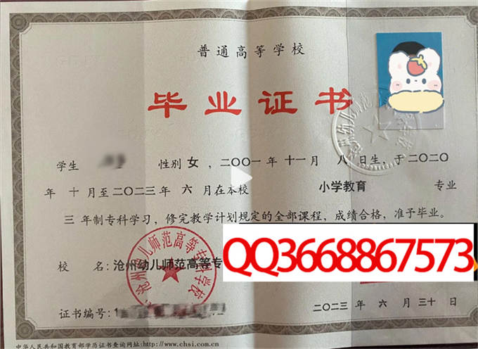 沧州幼儿师范高等专科学校2023年毕业证样本