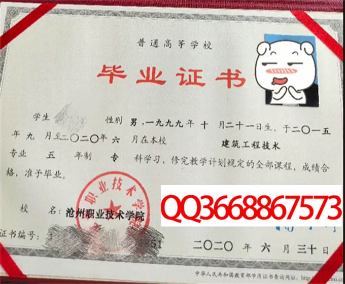 沧州职业技术学院2020年毕业证样本