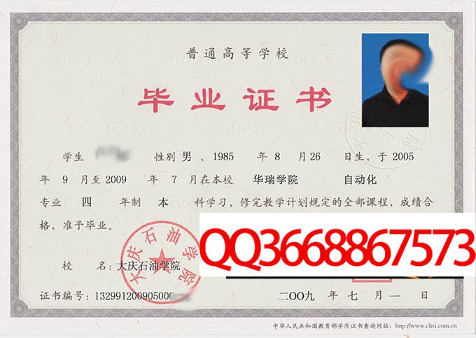 大庆石油学院2009年毕业证样本