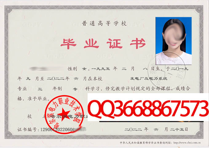 哈尔滨电力职业技术学院2022年毕业证样本