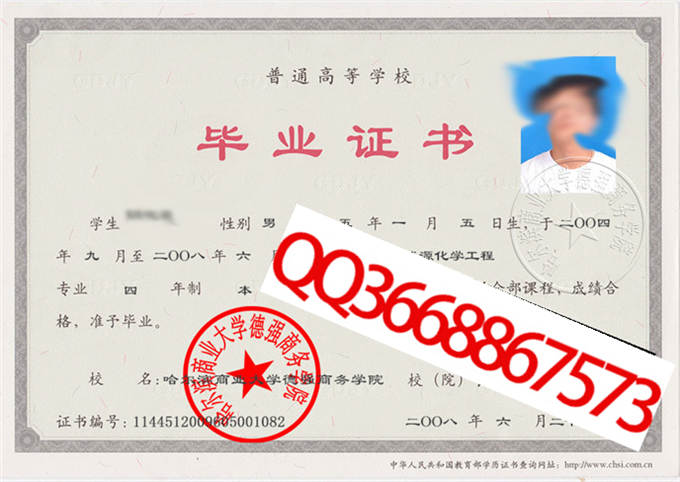 哈尔滨商业大学德强商务学院2008年毕业证样本