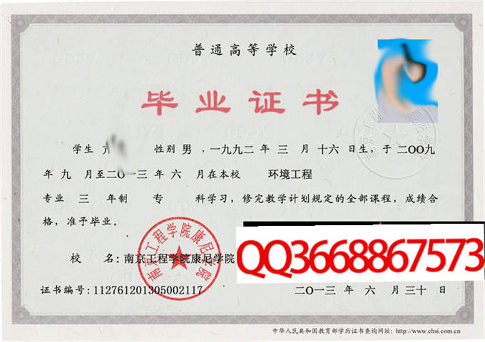 南京工程学院康尼学院2013年毕业证样本