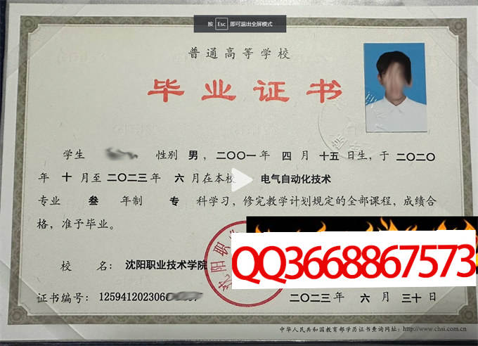 沈阳职业技术学院2023年毕业证样本