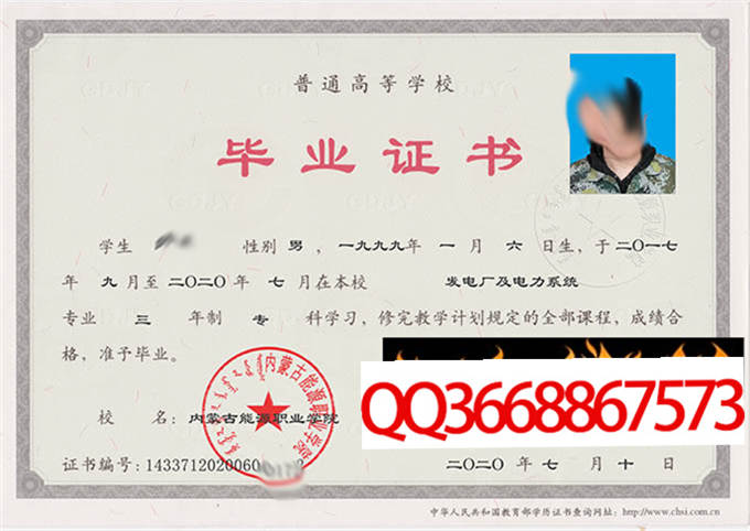 内蒙古能源职业学院2020年毕业证样本