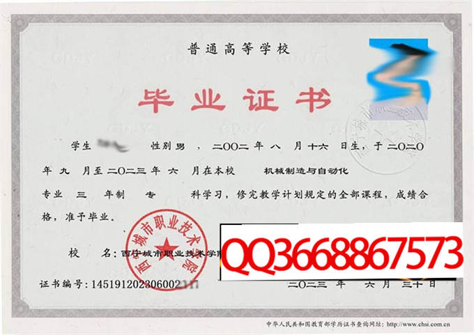 西宁城市职业技术学院2023年毕业证样本