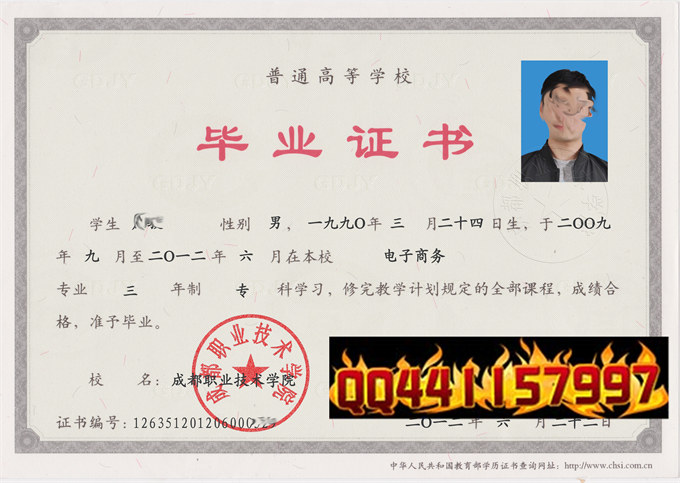 成都职业技术学院2012年毕业证样本