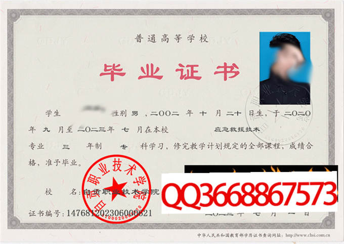 自贡职业技术学院2023年毕业证样本