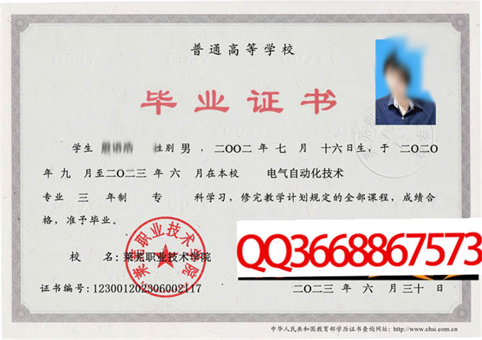 莱芜职业技术学院2023年毕业证样本