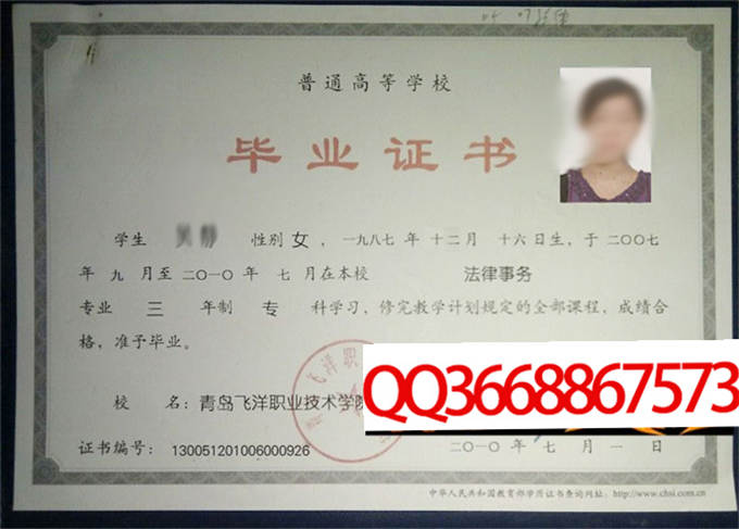 青岛飞洋职业技术学院2010年毕业证样本