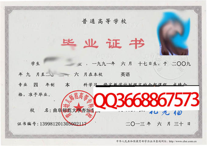 曲阜师范大学杏坛学院2013年毕业证样本