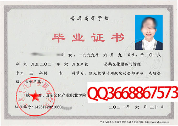 山东文化产业职业学院2021年毕业证样本