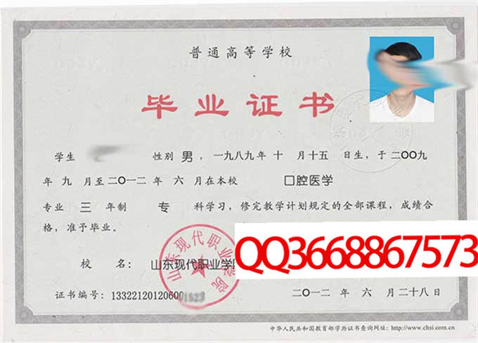 山东现代职业学院2012年毕业证样本