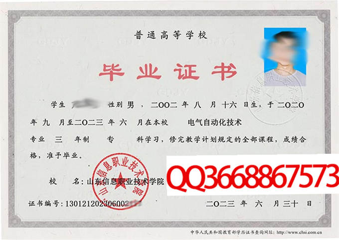 山东信息职业技术学院2023年毕业证样本
