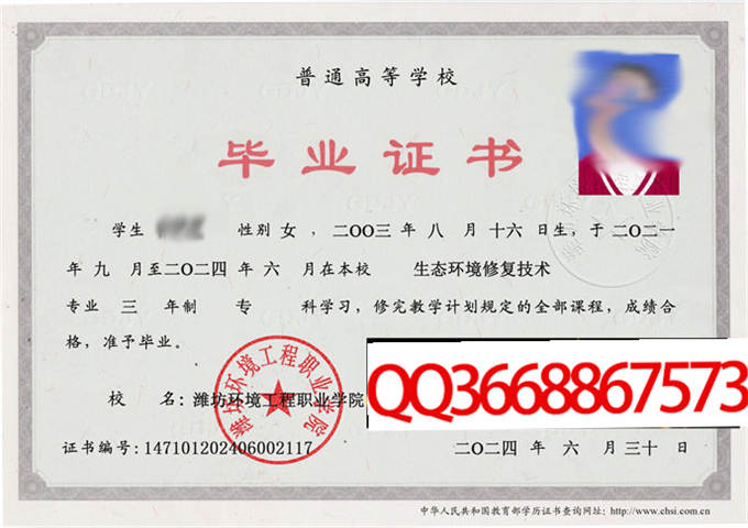 潍坊环境工程职业学院2024年毕业证样本
