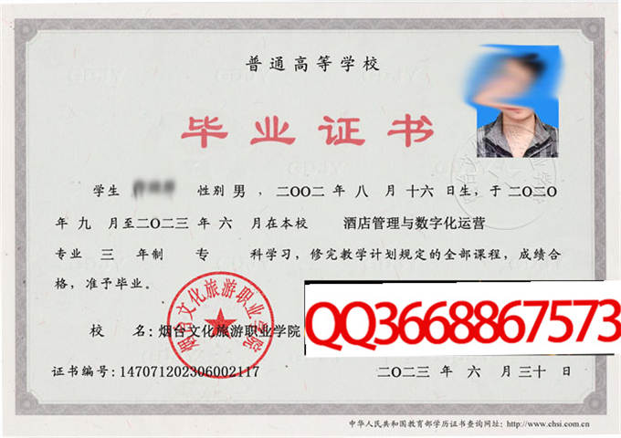 烟台文化旅游职业学院2023年毕业证样本
