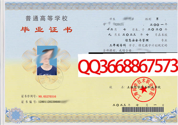 上海科学技术职业学院2023年毕业证样本