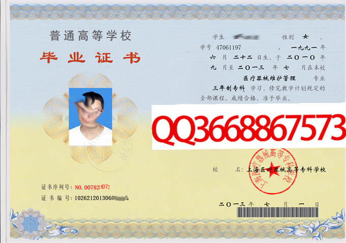 上海医疗器械高等专科学校2013年毕业证样本