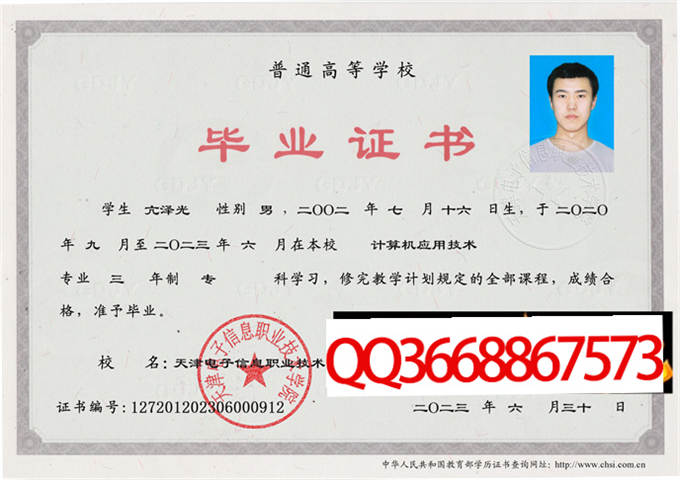 天津电子信息职业技术学院2023年毕业证样本
