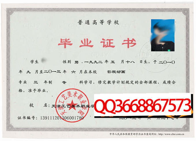 天津工艺美术职业学院2013年毕业证样本