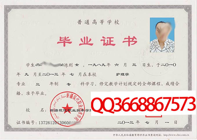 新疆现代职业技术学院2013年毕业证样本