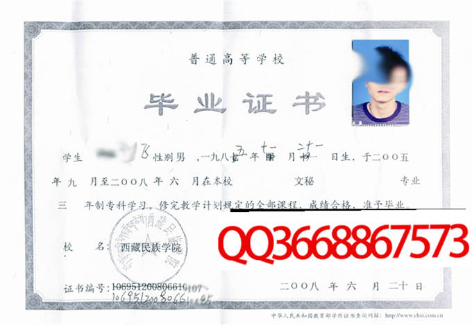 西藏民族学院2008年毕业证样本