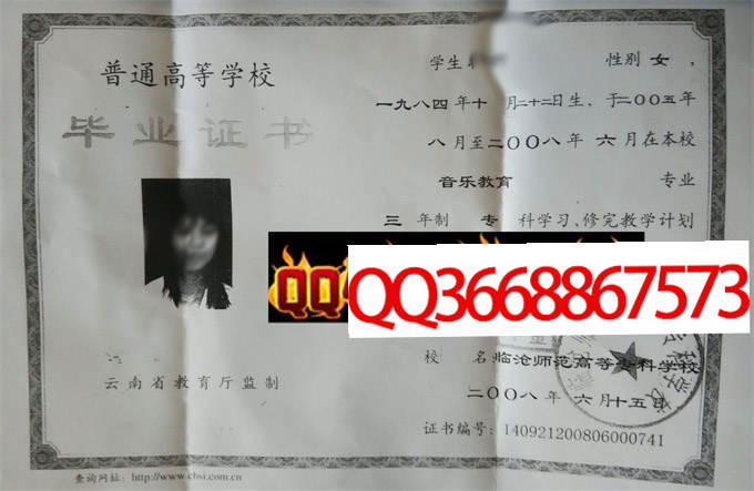 临沧师范高等专科学校2008年毕业证样本