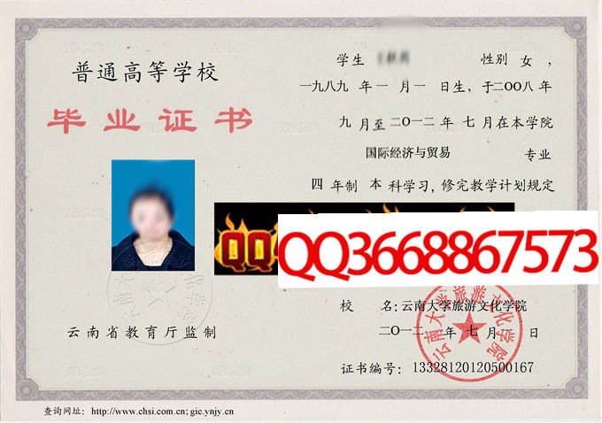 云南大学旅游文化学院2012年毕业证样本