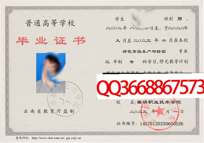 曲靖职业技术学院2023年毕业证样本