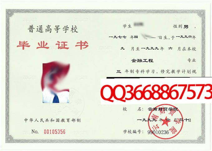 云南财贸学院1999年毕业证样本