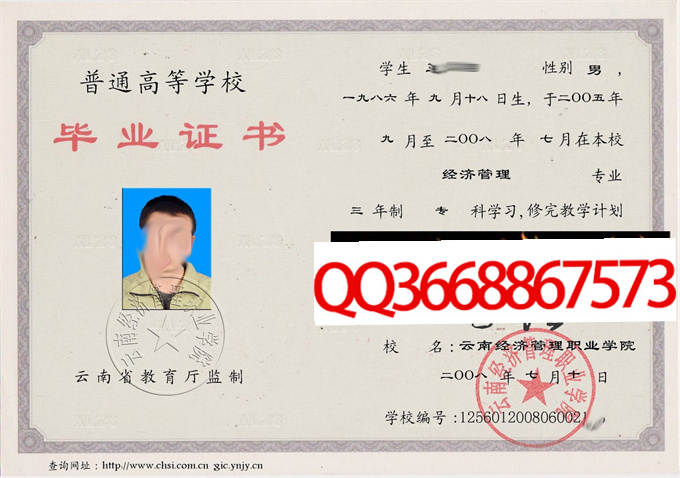 云南经济管理学院2008年毕业证样本