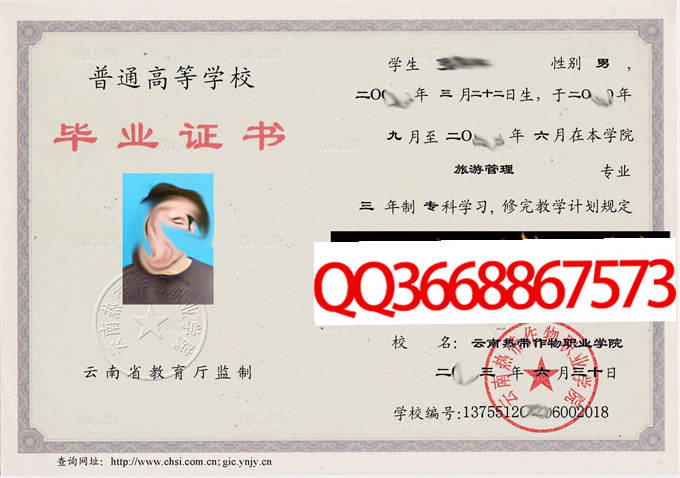 云南热带作物职业学院2013年毕业证样本