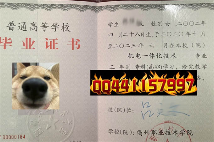 衢州职业技术学院2023年毕业证样本