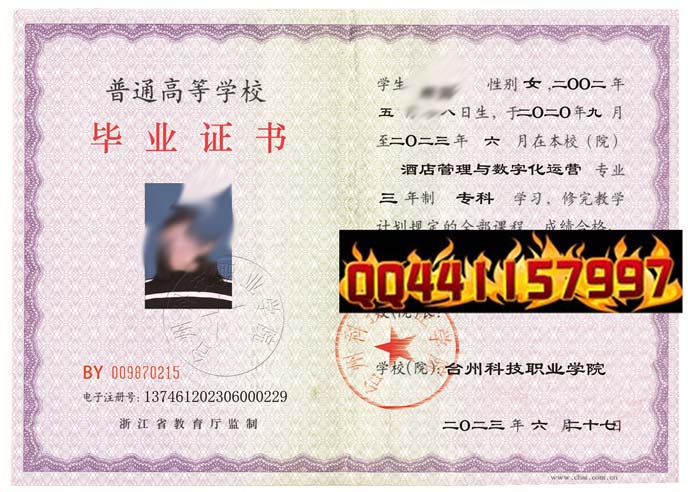 台州科技职业学院2023年毕业证样本